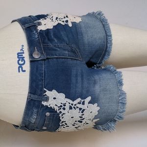 Y2K, low rise crochet lace cut off denim shorts